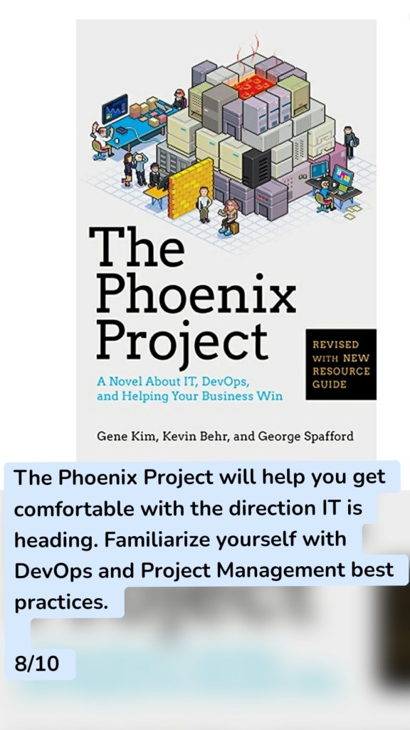 The Phoenix Project will help you get comfortable with the direction IT is heading. Familiarize yourself with DevOps and Project Management best practices.

8/10
